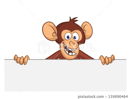 Cartoon monkey chimpanzee holding blank empty white paper or placard for menu or greetings. Vector illustration of happy monkey character Cartoon monkey chimpanzee holding blank empty white paper or placard for menu or greetings. Vector illustration of happy monkey character 139890464