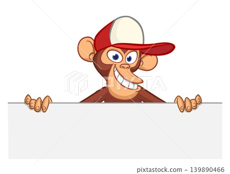 Cartoon monkey chimpanzee holding blank empty white paper or placard for menu or greetings. Vector illustration of happy monkey character Cartoon monkey chimpanzee holding blank empty white paper or placard for menu or greetings. Vector illustration of happy monkey character 139890466