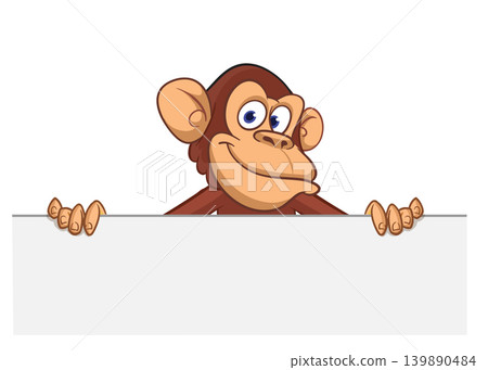 Cartoon monkey chimpanzee holding blank empty white paper or placard for menu or greetings. Vector illustration of happy monkey character Cartoon monkey chimpanzee holding blank empty white paper or placard for menu or greetings. Vector illustration of happy monkey character 139890484