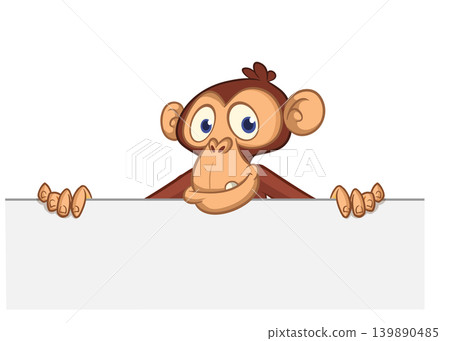 Cartoon monkey chimpanzee holding blank empty white paper or placard for menu or greetings. Vector illustration of happy monkey character Cartoon monkey chimpanzee holding blank empty white paper or placard for menu or greetings. Vector illustration of happy monkey character 139890485