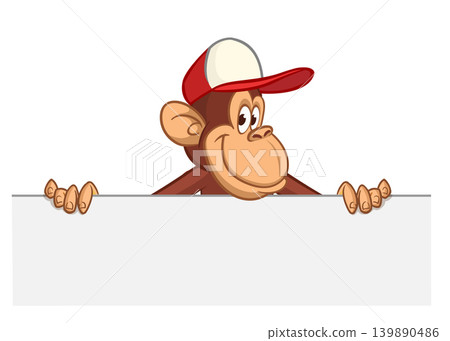 Cartoon monkey chimpanzee holding blank empty white paper or placard for menu or greetings. Vector illustration of happy monkey character Cartoon monkey chimpanzee holding blank empty white paper or placard for menu or greetings. Vector illustration of happy monkey character 139890486