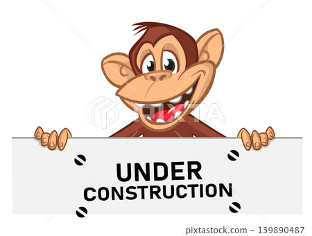 Cartoon monkey chimpanzee holding blank empty white paper or placard for menu or greetings. Vector illustration of happy monkey character 139890487