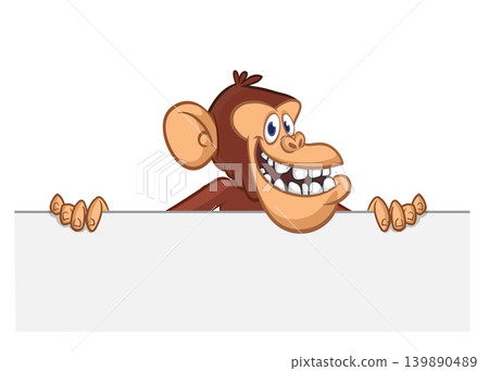 Cartoon monkey chimpanzee holding blank empty white paper or placard for menu or greetings. Vector illustration of happy monkey character Cartoon monkey chimpanzee holding blank empty white paper or placard for menu or greetings. Vector illustration of happy monkey character 139890489
