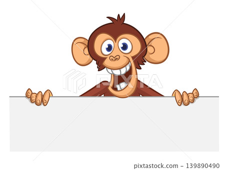 Cartoon monkey chimpanzee holding blank empty white paper or placard for menu or greetings. Vector illustration of happy monkey character Cartoon monkey chimpanzee holding blank empty white paper or placard for menu or greetings. Vector illustration of happy monkey character 139890490