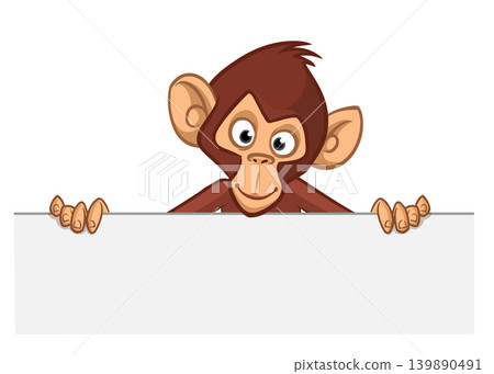Cartoon monkey chimpanzee holding blank empty white paper or placard for menu or greetings. Vector illustration of happy monkey character Cartoon monkey chimpanzee holding blank empty white paper or placard for menu or greetings. Vector illustration of happy monkey character 139890491