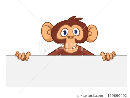 Cartoon monkey chimpanzee holding blank empty white paper or placard for menu or greetings. Vector illustration of happy monkey character Cartoon monkey chimpanzee holding blank empty white paper or placard for menu or greetings. Vector illustration of happy monkey character 139890492