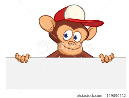 Cartoon monkey chimpanzee holding blank empty white paper or placard for menu or greetings. Vector illustration of happy monkey character Cartoon monkey chimpanzee holding blank empty white paper or placard for menu or greetings. Vector illustration of happy monkey character 139890512