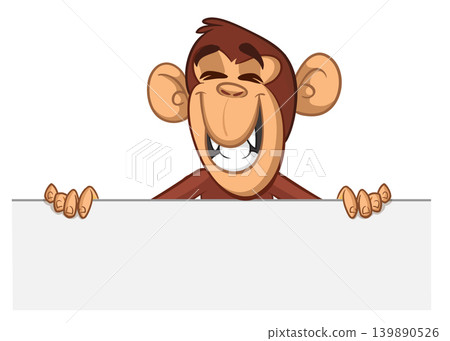 Cartoon monkey chimpanzee holding blank empty white paper or placard for menu or greetings. Vector illustration of happy monkey character Cartoon monkey chimpanzee holding blank empty white paper or placard for menu or greetings. Vector illustration of happy monkey character 139890526