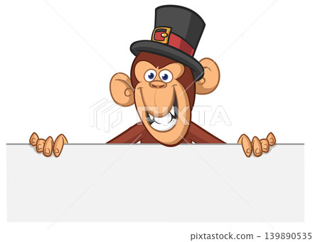 Cartoon monkey chimpanzee holding blank empty white paper or placard for menu or greetings. Vector illustration of happy monkey character 139890535