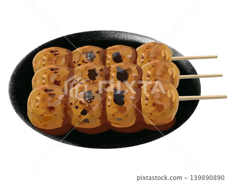 Mitarashi dango (3 skewers) on a black plate 139890890