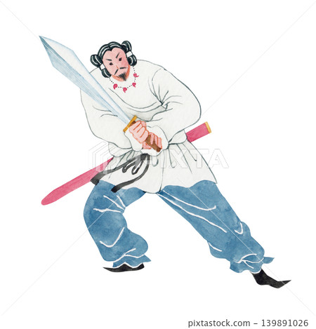 日本神祇,日本神話,大和武尊(Yamato Takeru no Mikoto),水彩插圖。 日本神祇,日本神話,大和武尊(Yamato Takeru no Mikoto),水彩插圖。 139891026