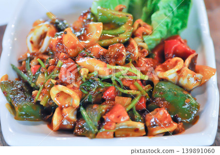 stir fried squid with vegetable, curry squid or squid salad or spicy squid stir fried squid with vegetable, curry squid or squid salad or spicy squid 139891060
