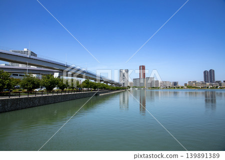 View of Fukuoka Island City from the Kashii Coast Promenade in Higashi Ward, Fukuoka City, Fukuoka Prefecture. 139891389