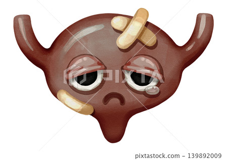 Sad sick urinary bladder cartoon character with bandages and a tear. Hand drawn watercolor illustration of an unhealthy, injured internal organ. Isolated on white background. 139892009
