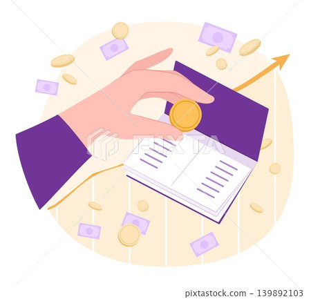 Human Hand Holding Coin for Savings with Bank Account Passbook for Banking and Financial Concept Illustration Clip Art Human Hand Holding Coin for Savings with Bank Account Passbook for Banking and Financial Concept Illustration Clip Art 139892103