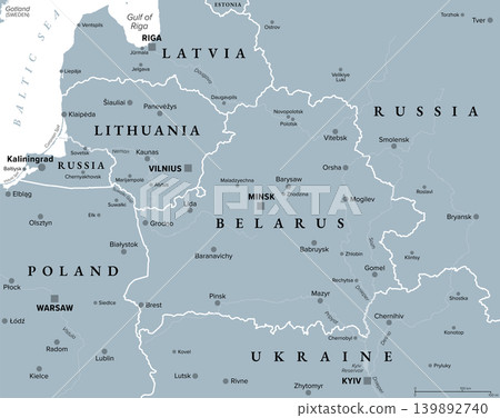 Belarus and vicinity, gray political map. Country in Eastern Europe, with capital Minsk, bordered by Russia, Ukraine, Poland, Lithuania, and Latvia. With Suwalki Gap, the shortest path to Kaliningrad. Belarus and vicinity, gray political map. Country in Eastern Europe, with capital Minsk, bordered by Russia, Ukraine, Poland, Lithuania, and Latvia. With Suwalki Gap, the shortest path to Kaliningrad. 139892740