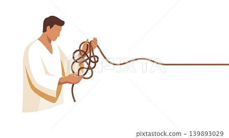 Man Releasing a Knotty Rope that Magically Straightens Man Releasing a Knotty Rope that Magically Straightens 139893029