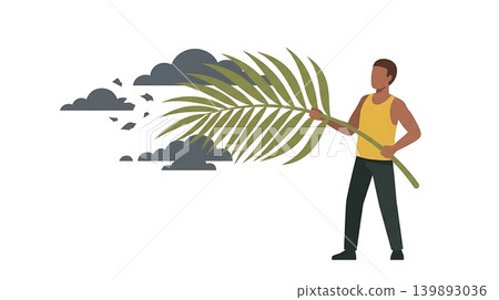 Man Sweeping Away Storm Clouds with Green Palm Leaf 139893036