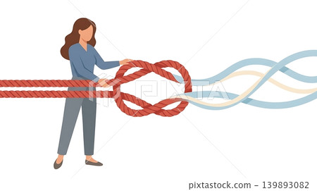 Woman Untying Tangled Red Knot for Stress Relief 139893082
