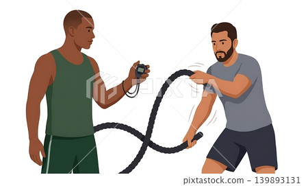 African American Coach Timing Client on Battle Ropes African American Coach Timing Client on Battle Ropes 139893131