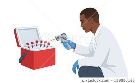 Lab Inspector Checking Temperature of Blood Transport Cooler Lab Inspector Checking Temperature of Blood Transport Cooler 139893183