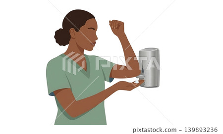 African American Nurse Pressing Soap Dispenser with Elbow 139893236