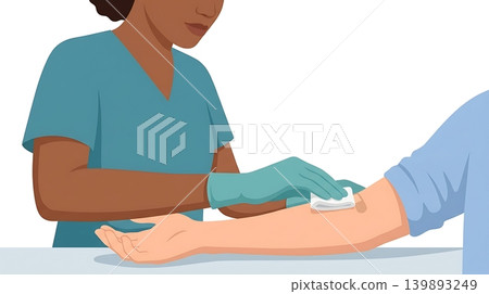 Phlebotomist Pressing White Gauze on Patient Inner Elbow 139893249