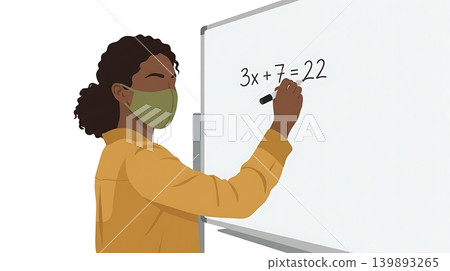 Teacher Wearing Green Fabric Mask Writing on Whiteboard 139893265