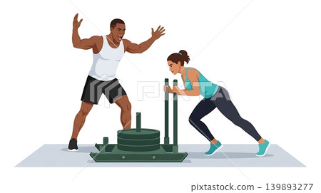 African American Trainer Cheering Client Pushing Sled African American Trainer Cheering Client Pushing Sled 139893277
