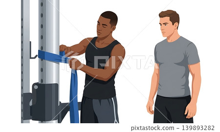 African American Trainer Tying Resistance Band to Squat Rack African American Trainer Tying Resistance Band to Squat Rack 139893282