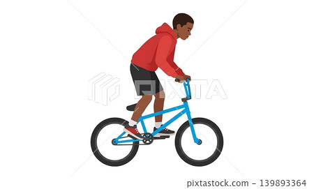 Asian Boy Performing Wheelie on Yellow BMX Bike Asian Boy Performing Wheelie on Yellow BMX Bike 139893364