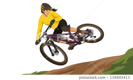 Asian Female Mountain Biker Whipping Dark Purple Bike Asian Female Mountain Biker Whipping Dark Purple Bike 139893413
