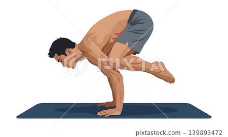 Asian Male Demonstrating Advanced Crow Pose Flat Vector Asian Male Demonstrating Advanced Crow Pose Flat Vector 139893472