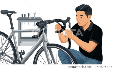 Asian Male Mechanic Wrapping Bar Tape on Silver Bike Asian Male Mechanic Wrapping Bar Tape on Silver Bike 139893487