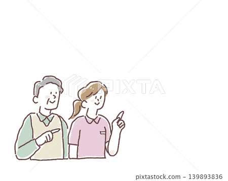 插圖顯示一名女性護理員/護士和一位老人指向右側。 插圖顯示一名女性護理員/護士和一位老人指向右側。 139893836