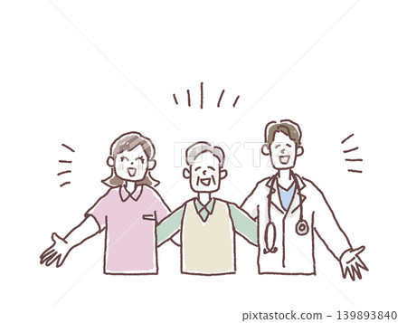 Illustrations and line drawings of an elderly person with outstretched arms, a doctor, and a caregiver. Illustrations and line drawings of an elderly person with outstretched arms, a doctor, and a caregiver. 139893840
