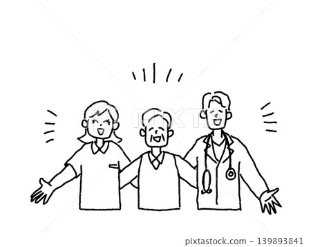 Illustrations and line drawings of an elderly person with outstretched arms, a doctor, and a caregiver. Illustrations and line drawings of an elderly person with outstretched arms, a doctor, and a caregiver. 139893841