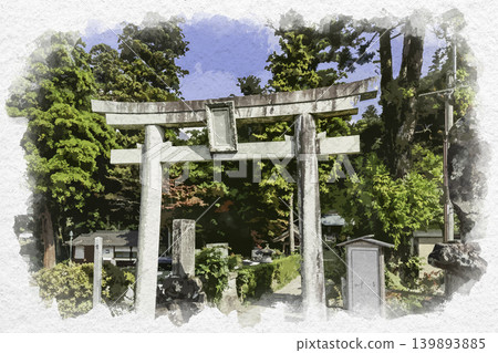 大分縣由布院鰻姬神社鳥居的水彩畫,由布市。 大分縣由布院鰻姬神社鳥居的水彩畫,由布市。 139893885