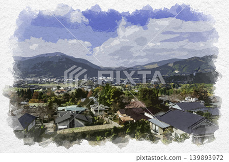 由布市由布市由佈觀音展望台眺望由布院的水彩風格街景 由布市由布市由佈觀音展望台眺望由布院的水彩風格街景 139893972