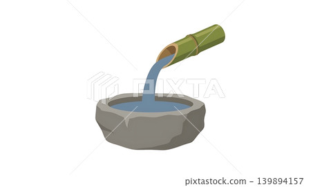 Bamboo Water Fountain Pouring into Stone Basin Bamboo Water Fountain Pouring into Stone Basin 139894157