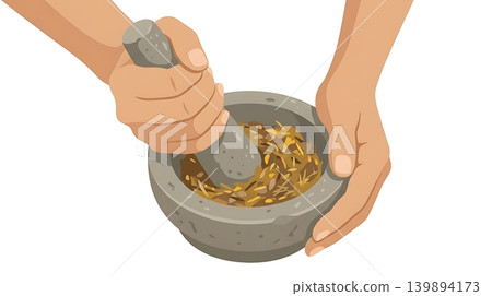 Hands Grinding Spices in a Stone Mortar Hands Grinding Spices in a Stone Mortar 139894173