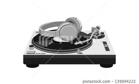Black Turntable and Vinyl Record with Silver Headphones Black Turntable and Vinyl Record with Silver Headphones 139894222