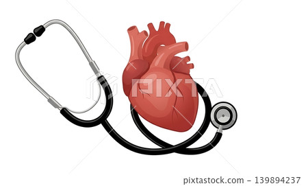 Black Stethoscope Wrapped Around Red Anatomical Heart Icon Black Stethoscope Wrapped Around Red Anatomical Heart Icon 139894237