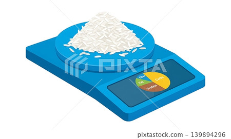 Blue Kitchen Scale Weighing White Rice Blue Kitchen Scale Weighing White Rice 139894296