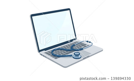 Blue Stethoscope Resting on Silver Laptop Keyboard Icon Blue Stethoscope Resting on Silver Laptop Keyboard Icon 139894330