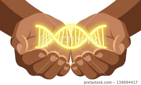 Brown Hands Cupping Yellow DNA Helix 139894417