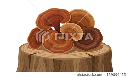 Brown Reishi Mushrooms Cluster on Natural Wooden Stump Brown Reishi Mushrooms Cluster on Natural Wooden Stump 139894435
