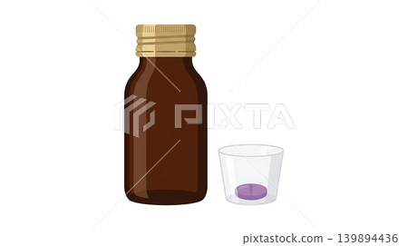 Brown Syrup Bottle with Measuring Cup and Purple Pill 139894436