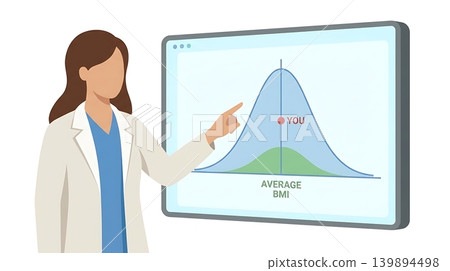 Doctor Pointing to BMI Bell Curve Graph on Screen Doctor Pointing to BMI Bell Curve Graph on Screen 139894498