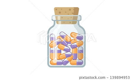 Clear Glass Cork Bottle with Orange and Purple Capsules Clear Glass Cork Bottle with Orange and Purple Capsules 139894953